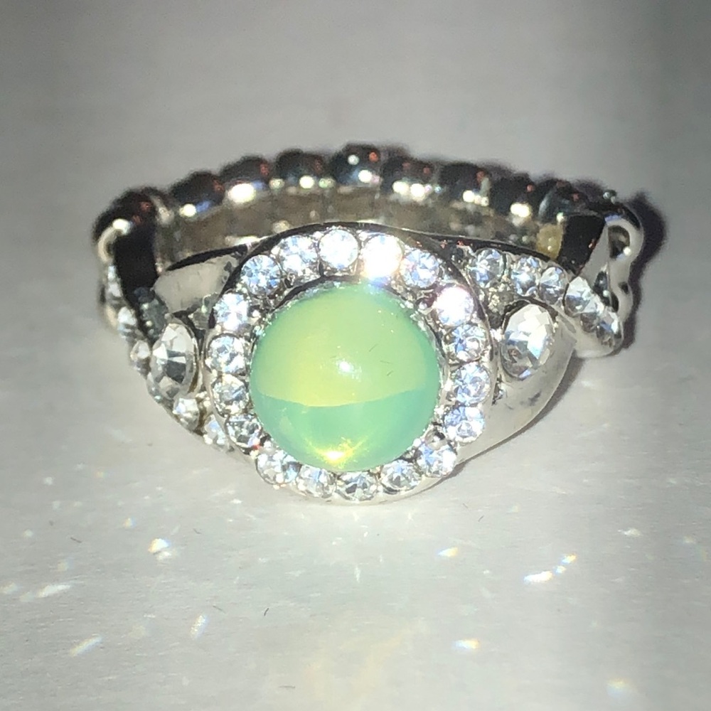 Silver Tone Ring with Green Center Faux Opaque Stone and Crystal Halo